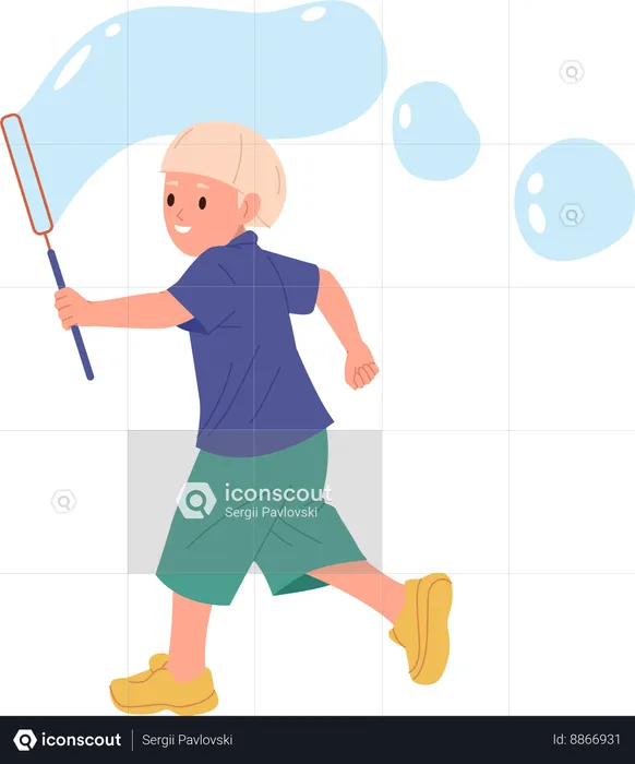 Little child playing with soap bubbles and liquid foam during game  Illustration