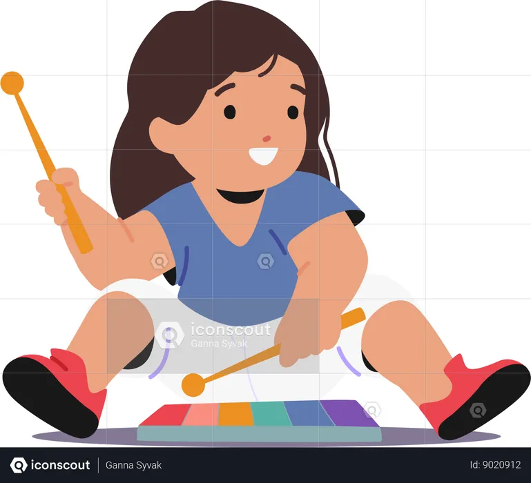 Little Child Sits On Floor With Rainbow Xylophone  Illustration