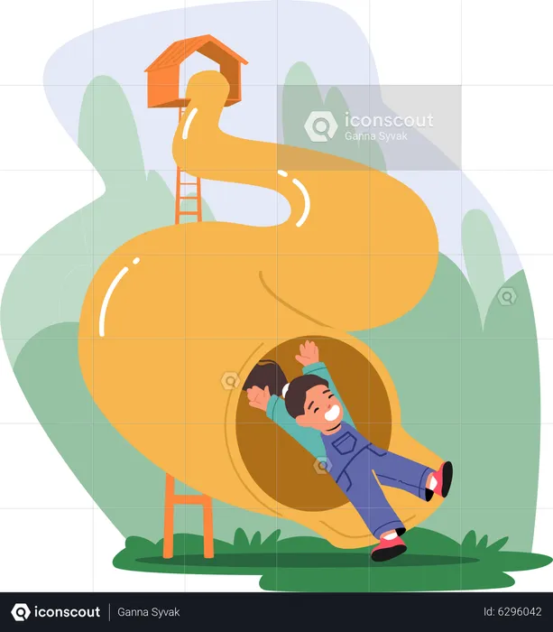 Little Child Sliding on Tube Slide in Amusement Park  Illustration