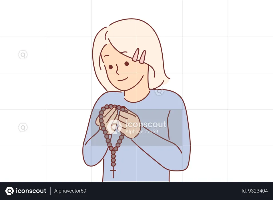 Little christian girl holding rosary with cross and praying  Illustration