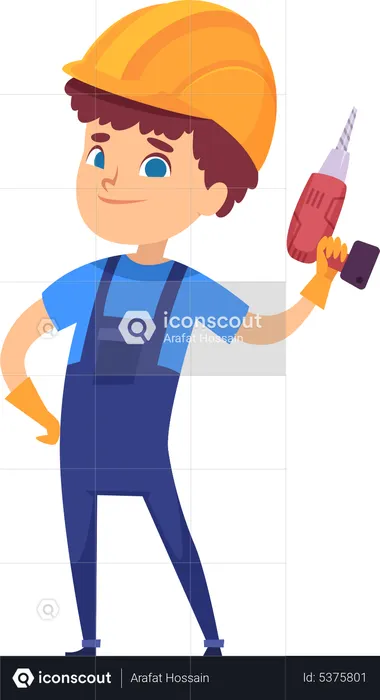 Little construction worker holding drill machine  Illustration