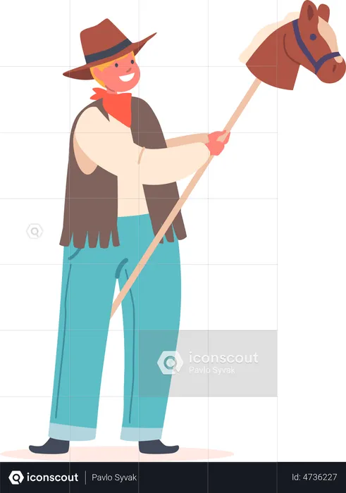 Little Cowboy with Toy Horse on Stick  Illustration