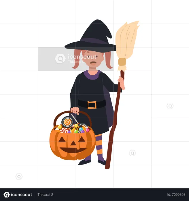 Little cute girl in halloween costumes as witch  Illustration