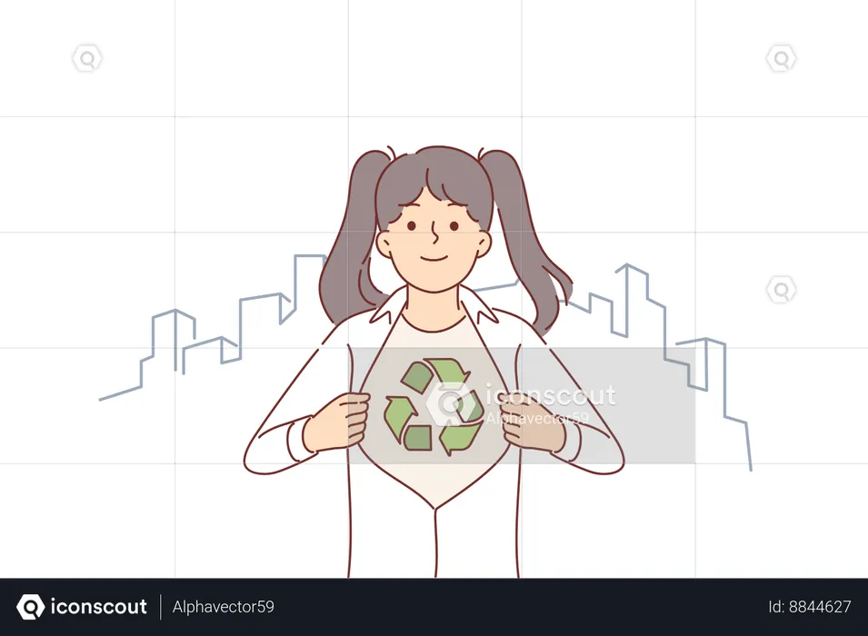 Little eco activist girl showing symbol of recycling and environmental sustainability under shirt  Illustration