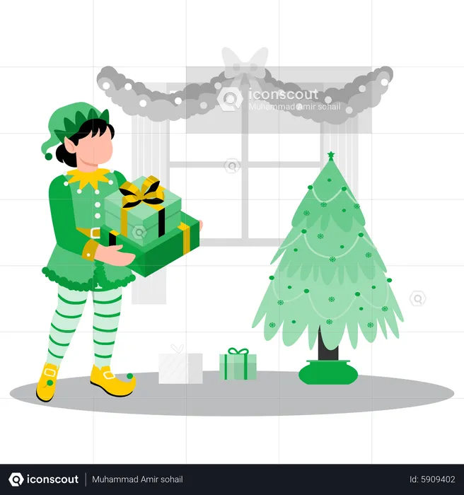 Little elf with christmas gift  Illustration