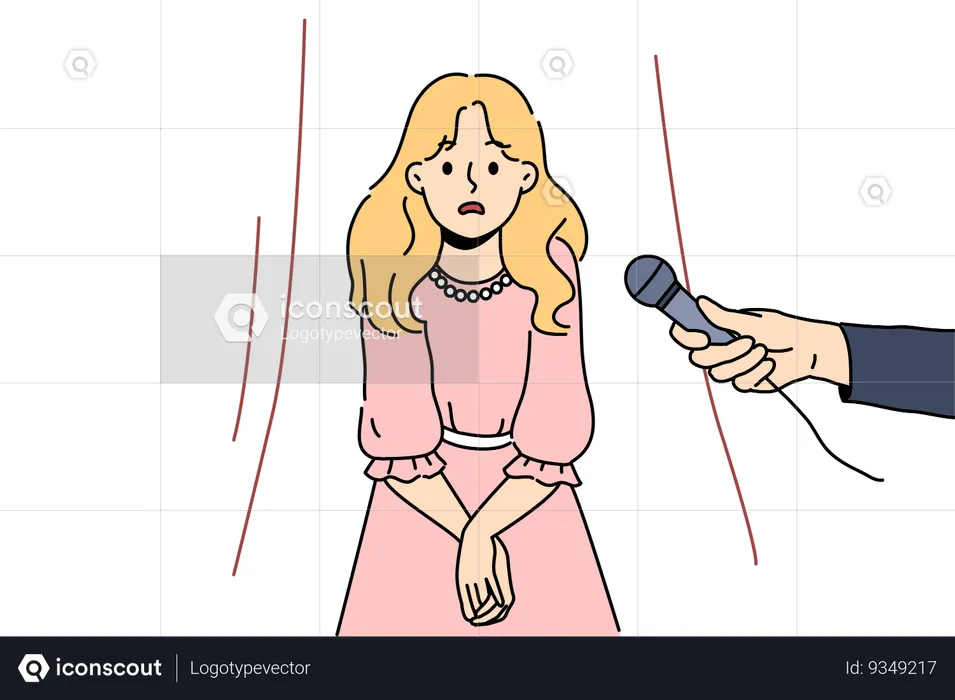 Little girl afraid to speak in front of public while standing on stage near hands with microphone  Illustration