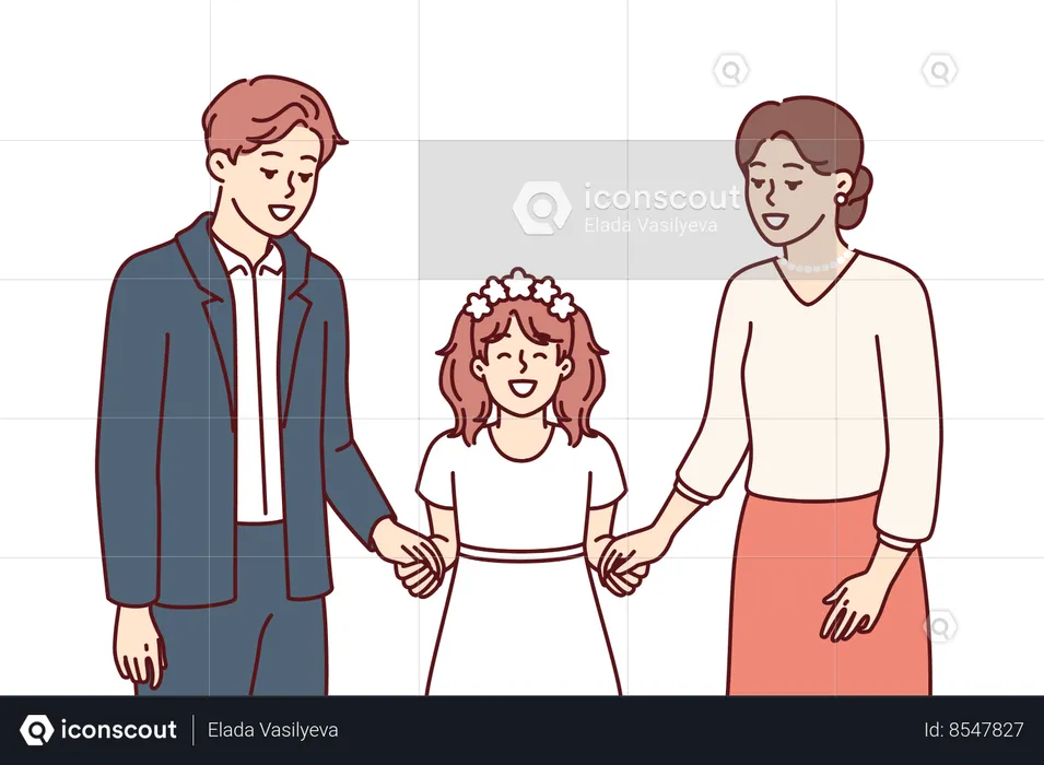 Little girl along with father and mother on day of holy communion according to Christian rite  Illustration
