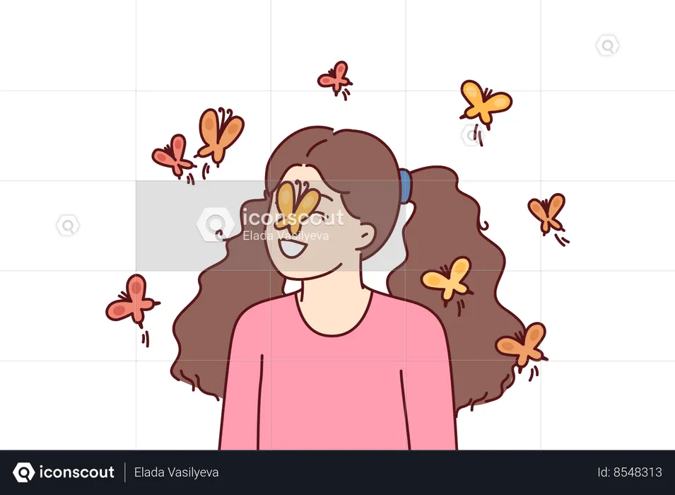 Little girl among butterflies flying and landing on face for spring mood  Illustration