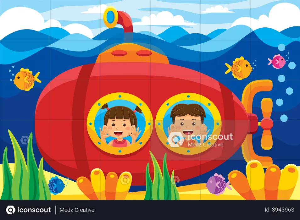 Little girl and boy enjoying submarine ride  Illustration