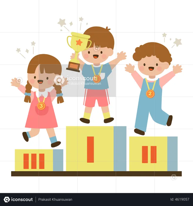 Little girl and boy holding gold trophy on podium  Illustration