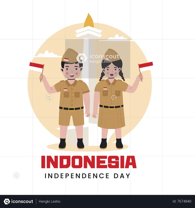 Little girl and boy holding indonesia flag  Illustration