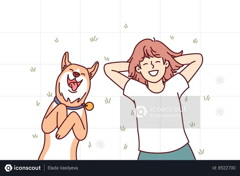 Little girl and dog lie on grass in summer day  Illustration