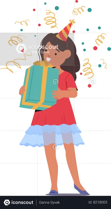 Little Girl Beams With Joy and Clutching Gift Box At Her Birthday Party  Illustration