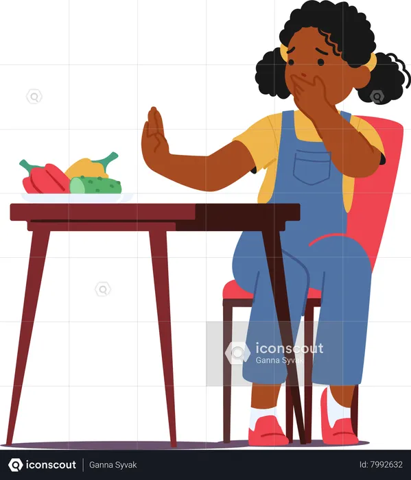 Little Girl Character At Table Stubbornly Rejects Vegetables  Illustration