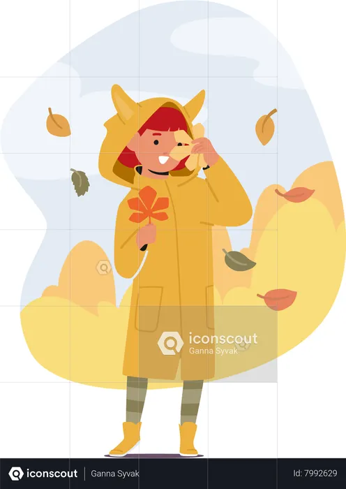 Little Girl Character Gleefully Playing With A Cascade Of Colorful Autumn Leaves  Illustration