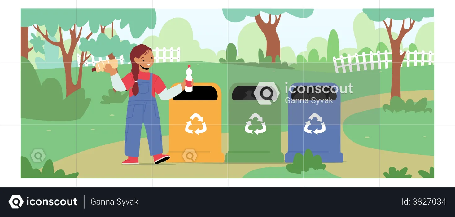 Little Girl Character Throw Trash Into Litter Bin Containers  Illustration