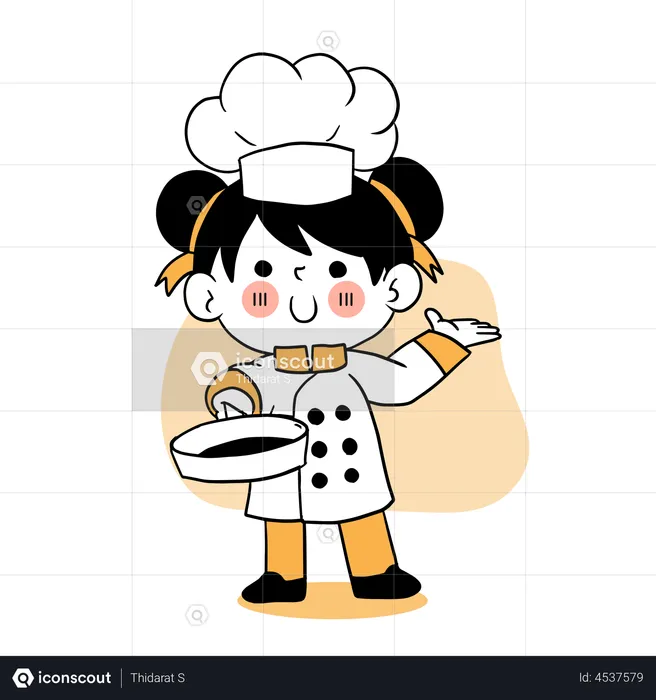 Little girl chef holding cooking pan  Illustration