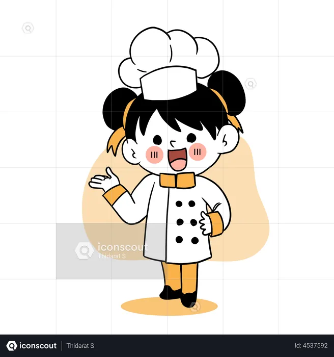 Little girl chef welcoming customers  Illustration