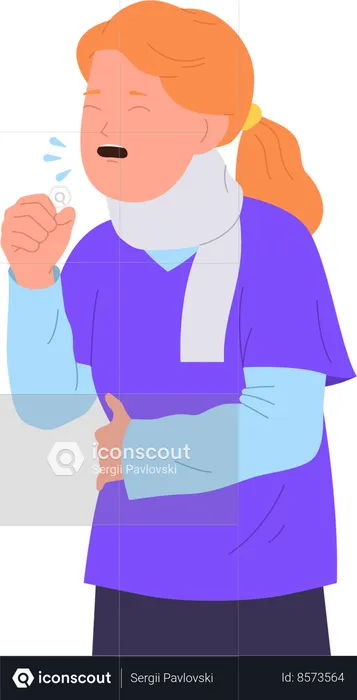 Little girl child feeling sick and unhealthy coughing in hand  Illustration