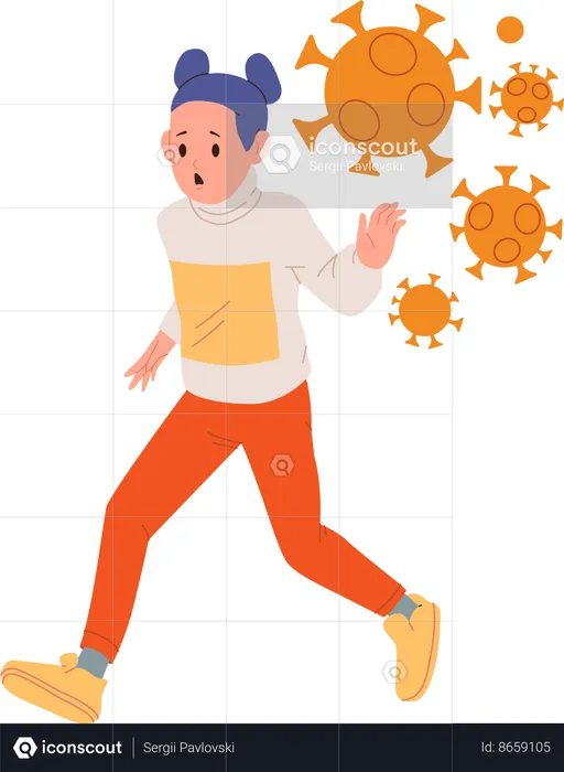 Little girl child running away from coronavirus viral infection  Illustration