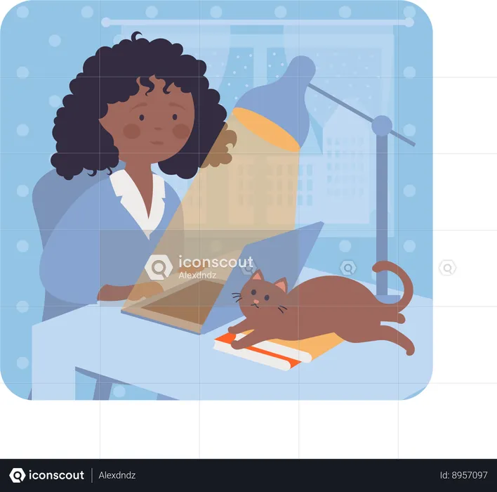 Little girl doing online study in night  Illustration
