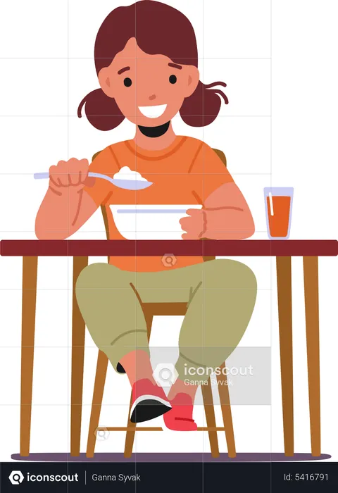 Little girl eating food while sitting on table  Illustration