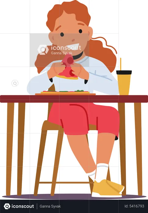 Little girl eating pizza while sitting at table  Illustration