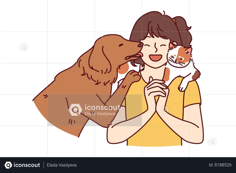 Little girl enjoys playing with her pet dog and cat  Illustration