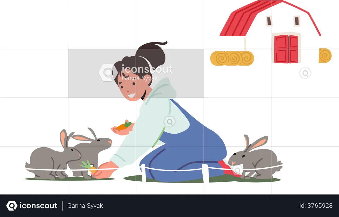 Little girl feeding carrot to rabbits  Illustration