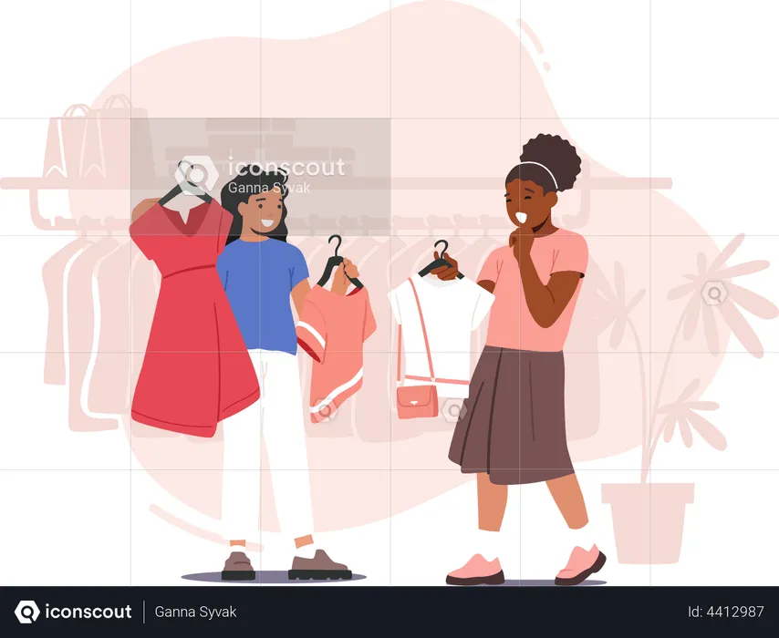 Little Girl Friends Choosing Dress Collection in Apparel Store  Illustration