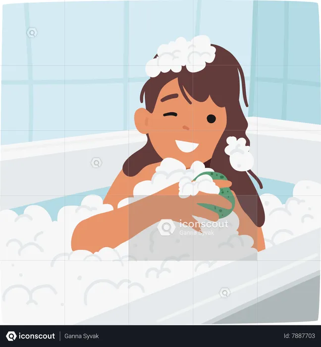 Little Girl Gleefully Lathering Body With Sponge In Bath  Illustration