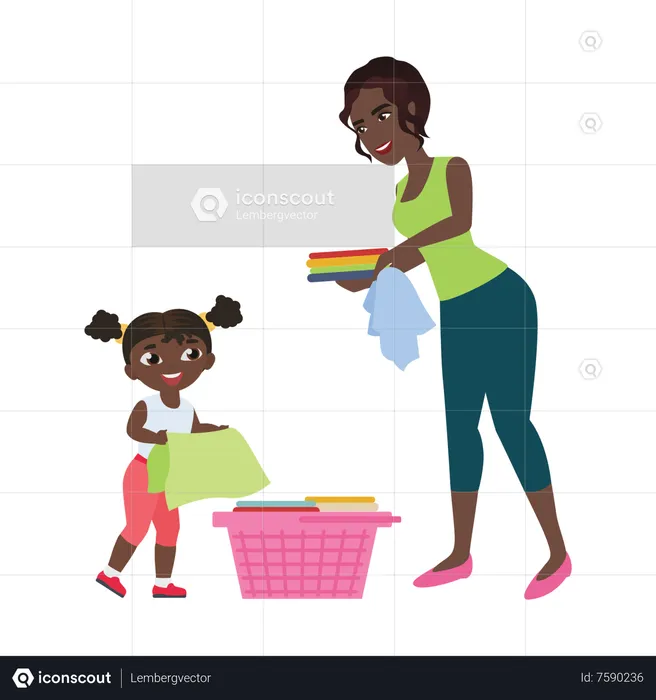 Little girl helping her mother to fold cloths  Illustration