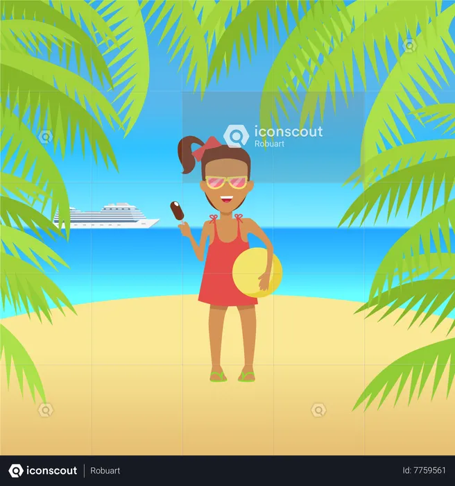 Little girl holding ball at Beach  Illustration