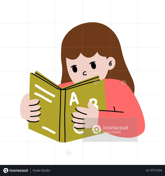 英語を読みながら本を持っている小さな女の子  イラスト
