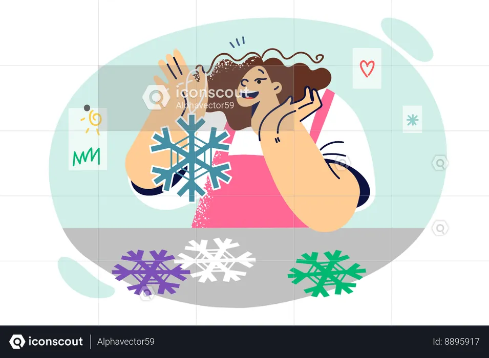 Little girl holding paper snowflakes to create christmas decorations for home with own hands  Illustration