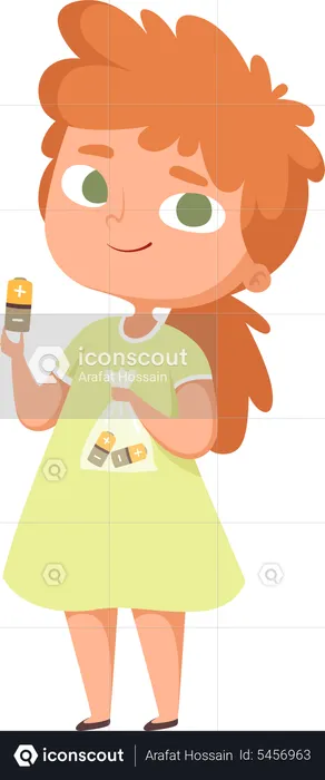 Little girl holding recycling battery  Illustration