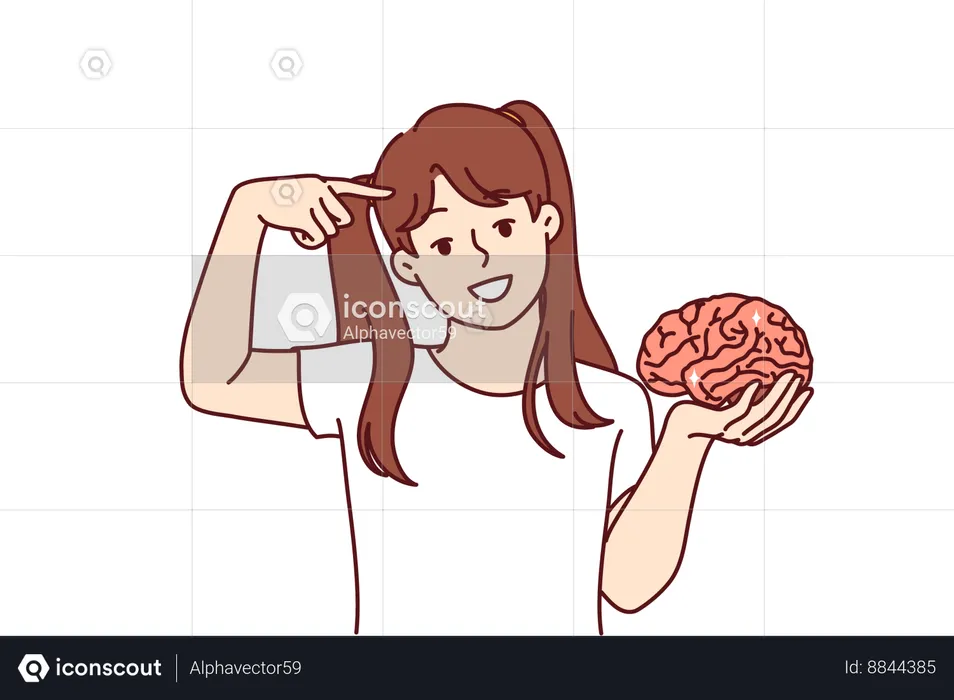 Little girl holds brain in hand and points finger at head  Illustration