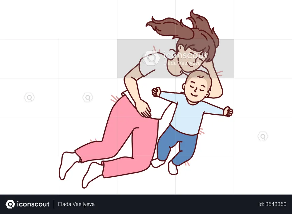 Little girl hugging newborn brother lying in bed and sleep together  Illustration