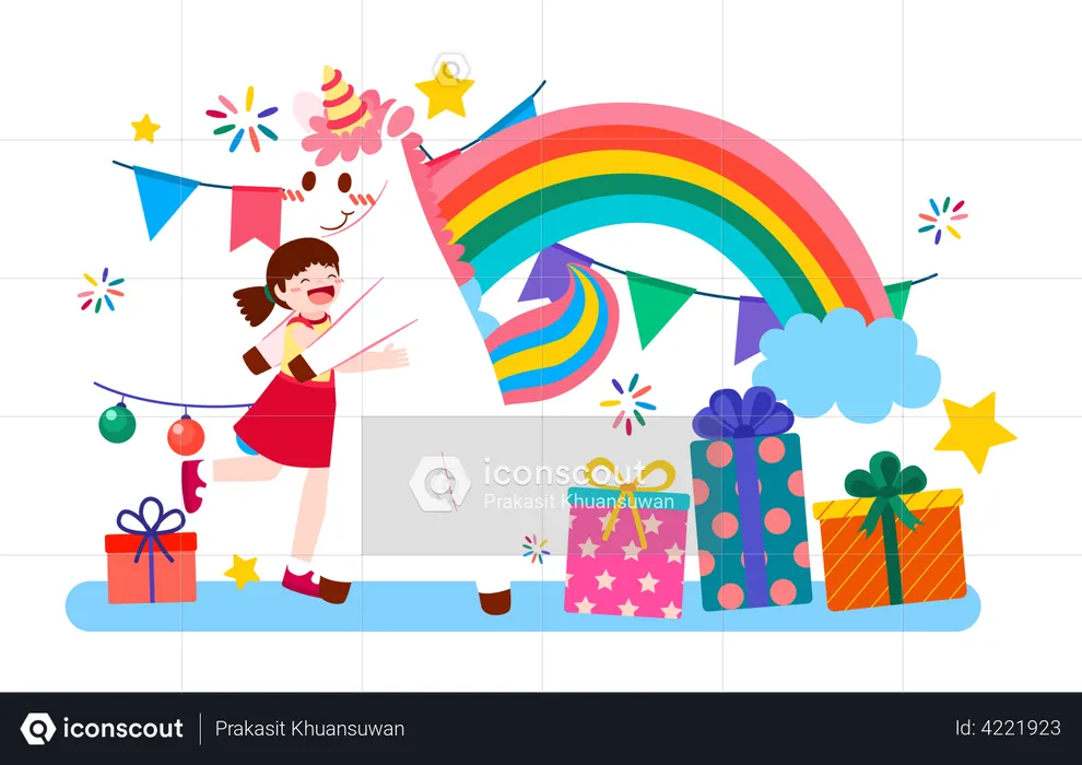 Little girl hugging unicorn  Illustration