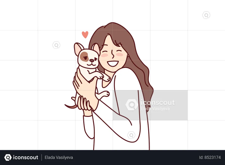 Little girl hugs puppy given for birthday  Illustration