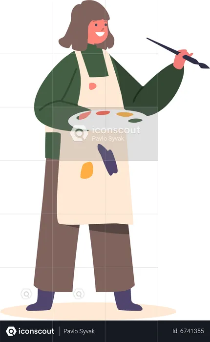 Little Girl In Apron Painting With Paints And Paintbrush  Illustration