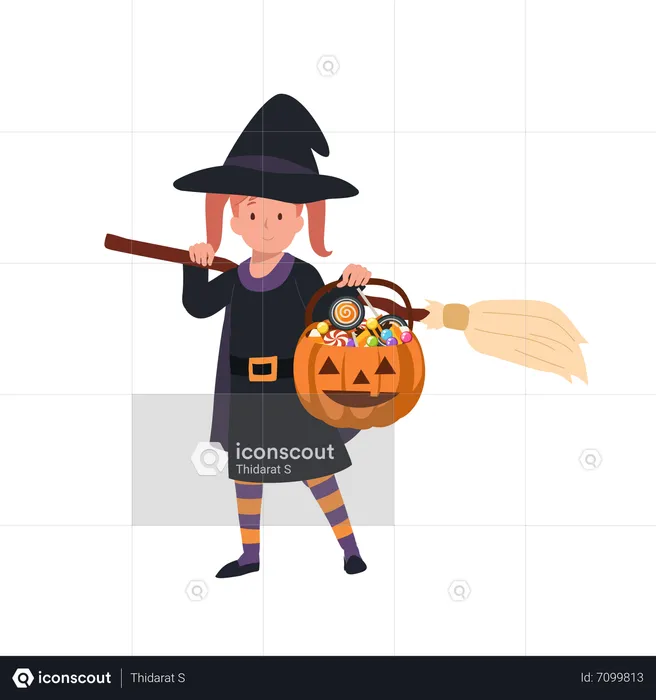 Little girl in halloween costumes as witch  Illustration