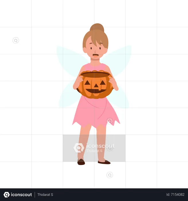 Little girl in Halloween fairy dress costume with pumpkin bucket  Illustration