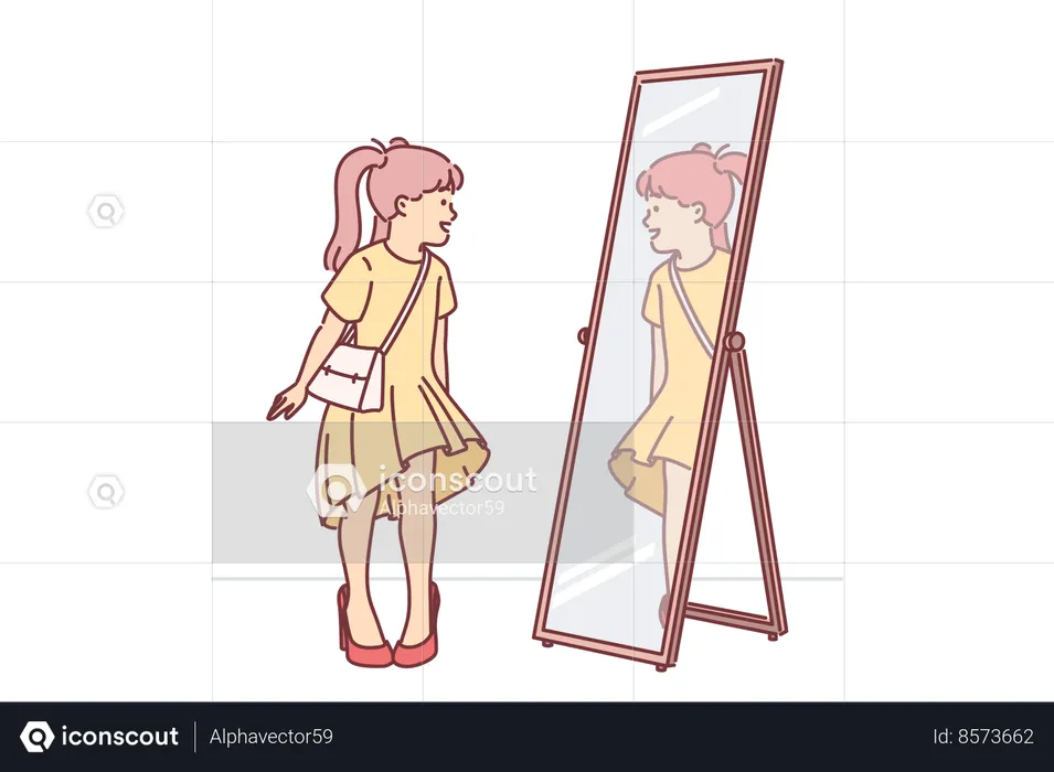 Little girl in mom clothes looks in mirror trying on shoes  Illustration