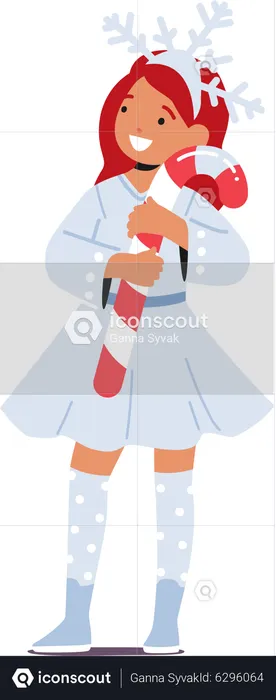Little Girl In Snowflake Costume and Holding Candy Cane  Illustration
