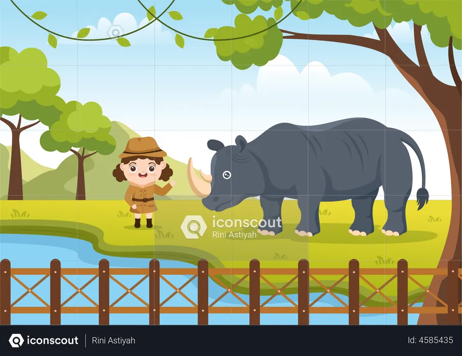 Little girl in zoo with rhino  Illustration