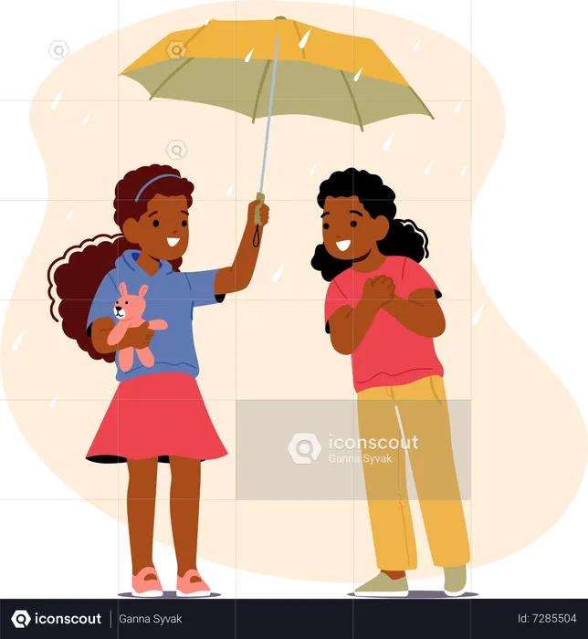 Little Girl Inviting Friend Under Umbrella  Illustration