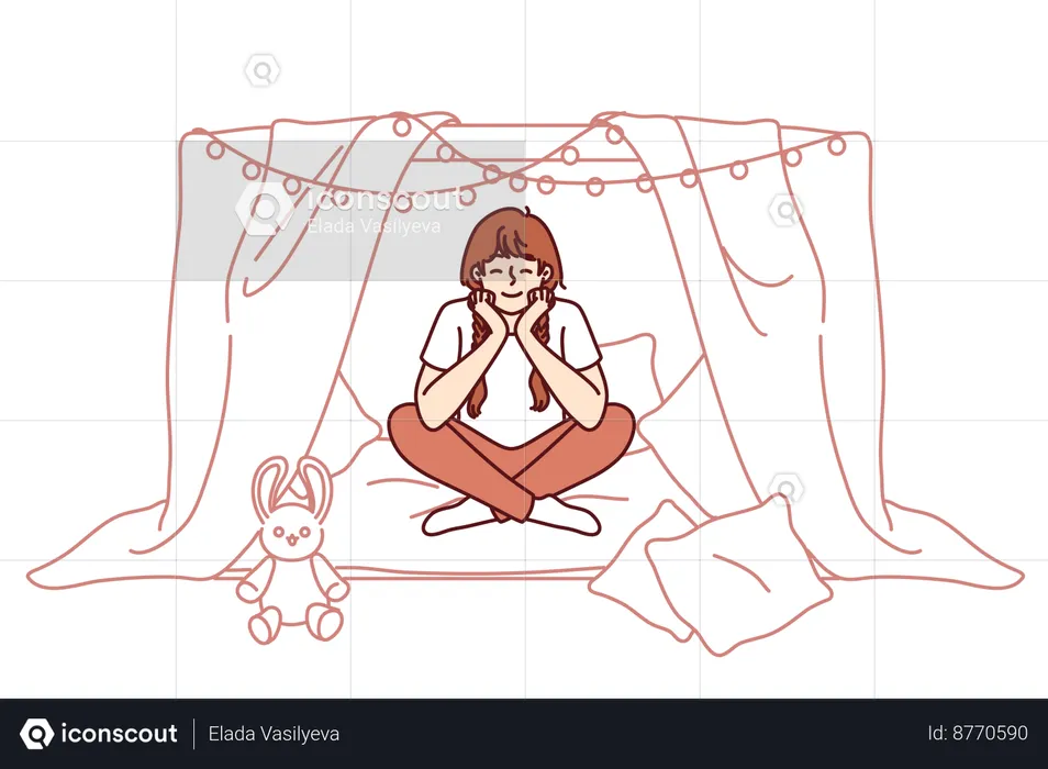 Little girl is sitting in her room while playing with her toys  Illustration