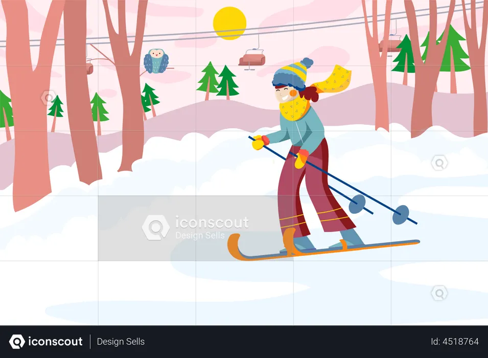 Little girl is skiing on downhill in forest  Illustration