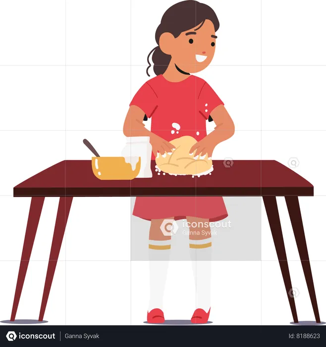 Little Girl Kneads Dough With Hands  Illustration